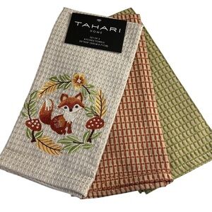 NEW Tahari Home FOX & MUSHROOM Fall Themed Textured Kitchen Towels Set/3